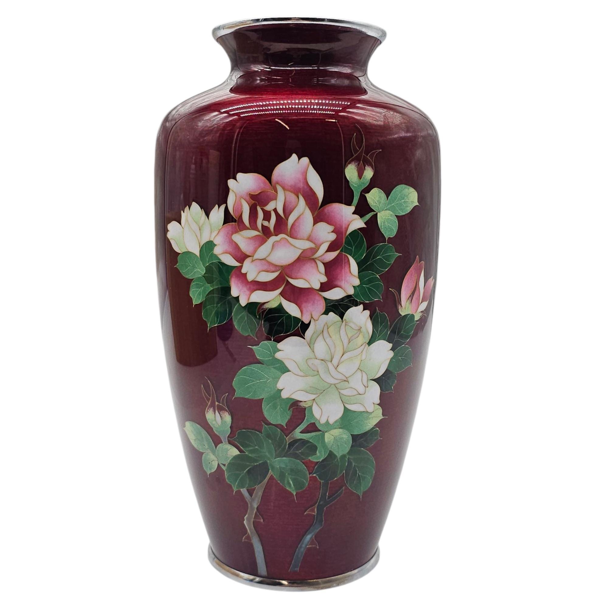 安藤十兵衛 銘 七宝焼 花瓶 牡丹 花 鳩血 赤 箱付き 10インチ - Etsy 日本