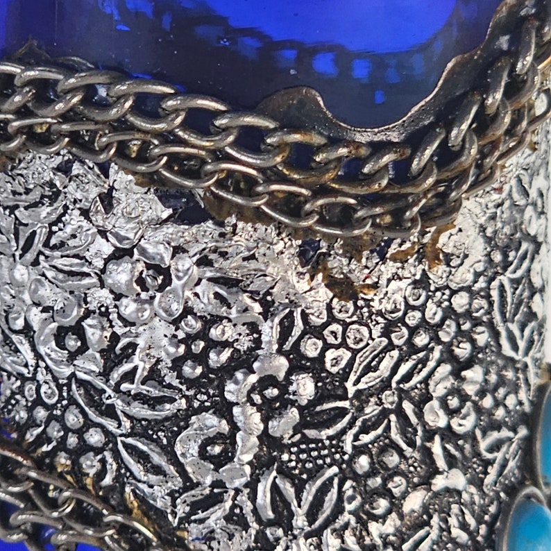 Vintage Ruffle Vase, Cobalt Blue Vase, Turkish Glass Vase, Silver Over-Lay Jeweled Ombre Vase 11 image 8