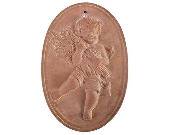 Vintage Terra Cotta Wall Plaque, Cherub Wall Hanging, Terra Cotta Cupid 13" H