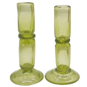 Bold Pair Recycled Green Glass Candle Holders With Pontil Base | Hand Blown Studio Art Glass | Boho Rustic Table Décor Centerpiece
