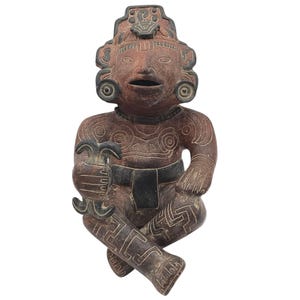 Large Pre-Columbian Style Mid Century Warrior Figure – Ethnic Pottery Sculpture with Tribal Carvings 14”