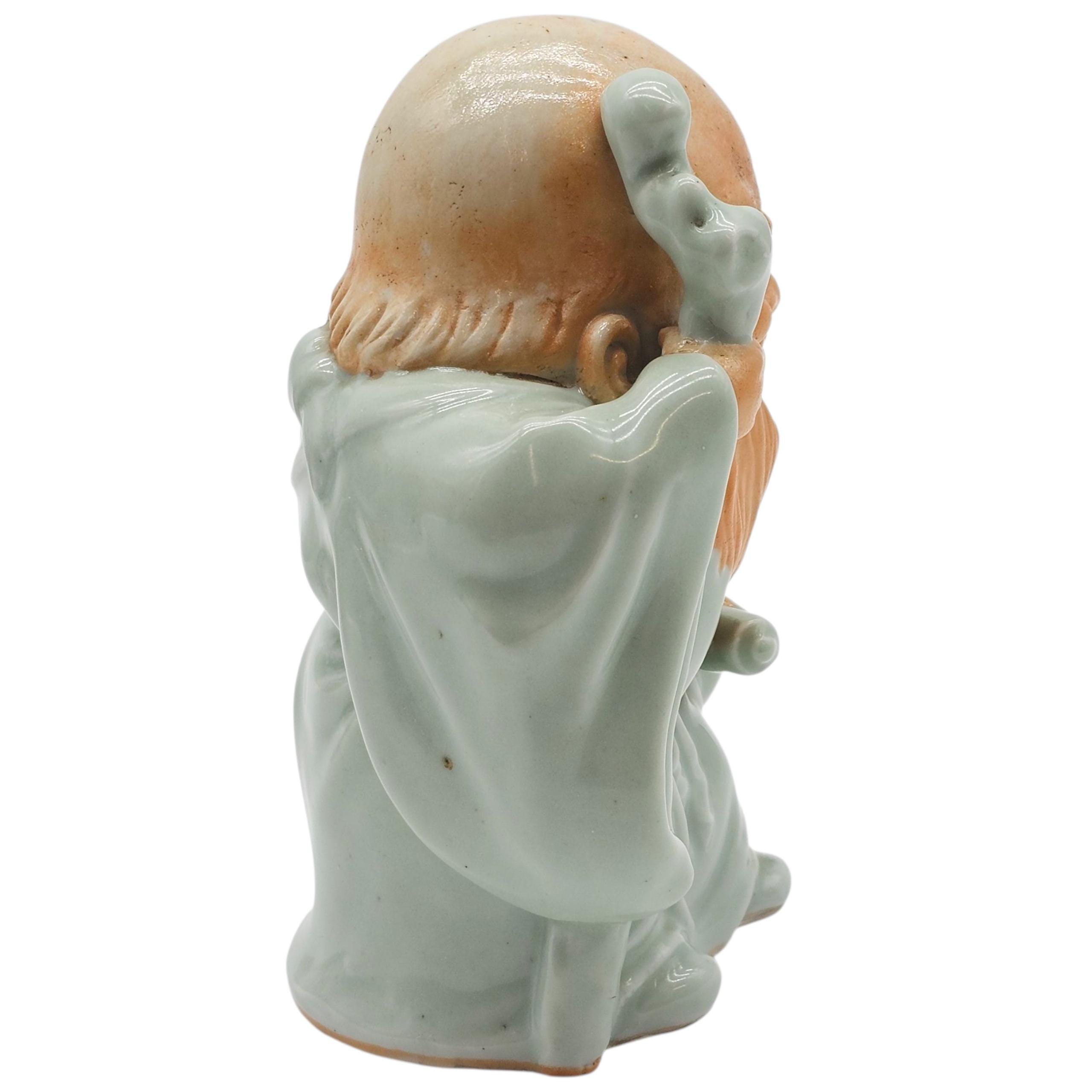アンティーク 九谷焼 福禄寿 置物 青磁釉 智恵の神 磁器像 7.5インチ