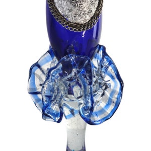 Vintage Ruffle Vase, Cobalt Blue Vase, Turkish Glass Vase, Silver Over-Lay Jeweled Ombre Vase 11 image 4