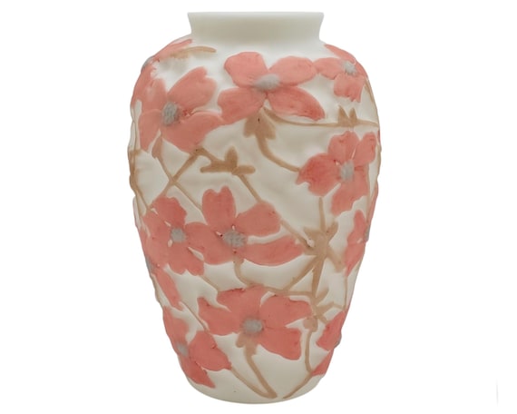Art Deco Phoenix Glass Vase, Pink Dogwood Floral Relief, Vintage
