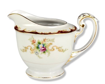 Jarra para crema de porcelana fina Harmony House, estilo vintage, con detalles florales en oro de 24 quilates, década de 1950.