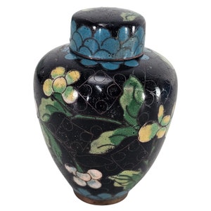 Vintage Chinese Vase, Cloisonné  Ginger Jar, Black Enamel Vase, Black Floral Vase 3&quot;