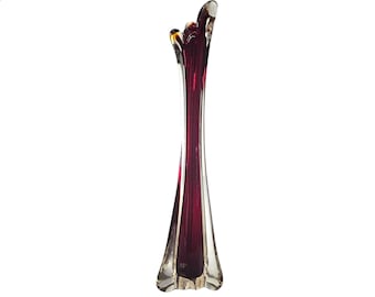 MCM Grand vase de murano rouge foncé Sommerso moderniste en verre à enveloppe 18,5 po.
