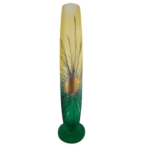 Herner Glas Vase, Hand Painted Vase, Royal Peacock Feathers Design Vase, Green Gold Vase Poland 15&quot;