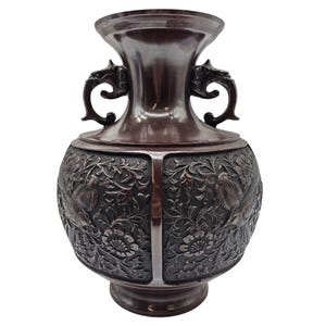 Antique Showa Japanese Bronze Vase: Dragon Handles, Bird Motif