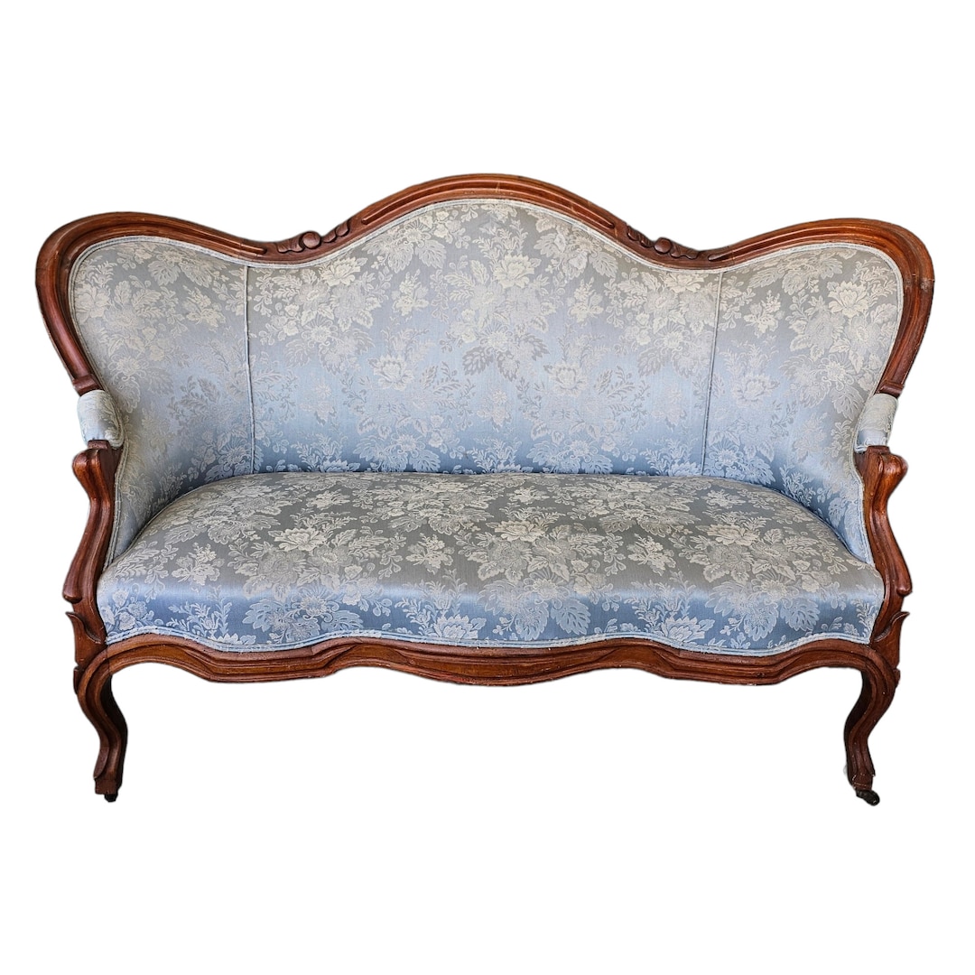 Antique French Settee Blue Damask Settee Floral Pattern Sofa Etsy