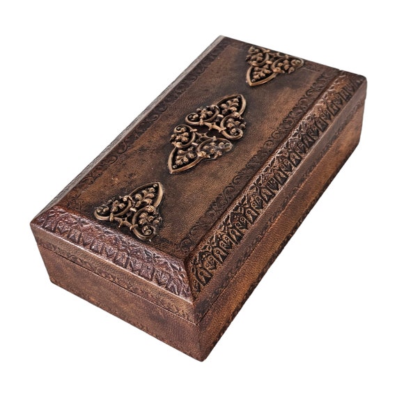 Vintage Tooled Leather Box, Jewelry Box, Wooden T… - image 3