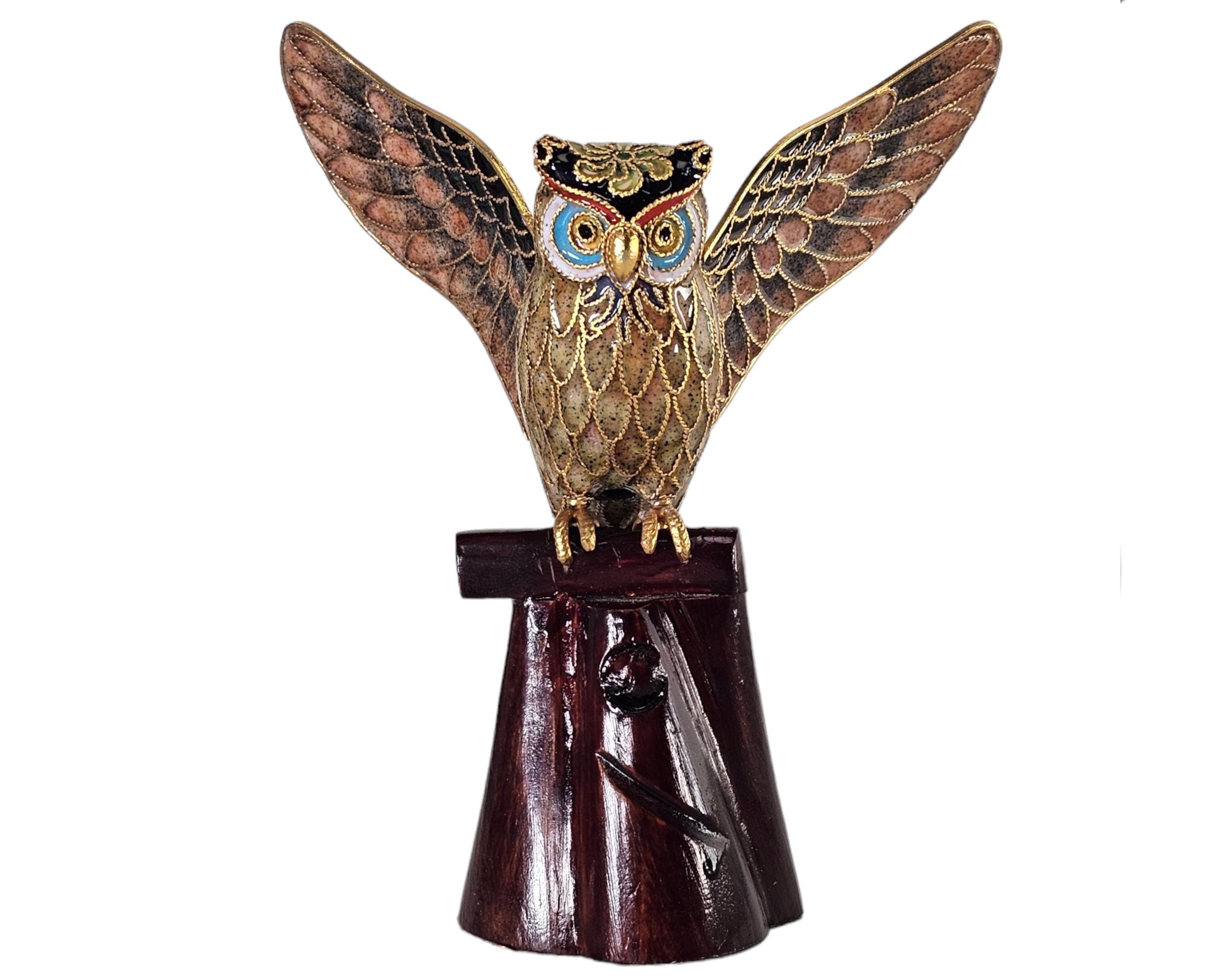 Vintage Cloisonné Enamel Brass Owl Figurine on Wood Base