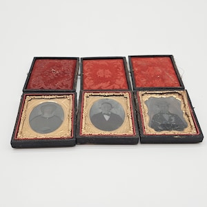 Antique Ambrotypes Civil War Era Portraits, Set of 3, Hinged Leather Cases, 19th Century Photo Décor