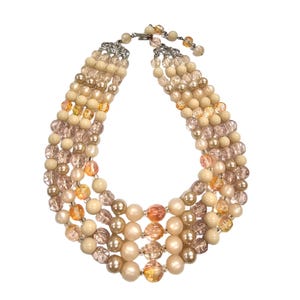 Vintage 3-Strand Necklace, Beaded Peach Necklace, Pink Faux Pearls Necklace Choker 1960&#39;s
