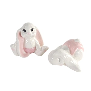 Vintage MCM Floppy Eared White Bunny Figurines, 2.25” Adorable Pink Ears, Mid-Century Easter Decor, Cute Rabbit Collectible, Kitsch Bunny