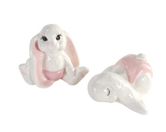 Vintage MCM Floppy Eared White Bunny Figurines, 2.25” Adorable Pink Ears, Mid-Century Easter Decor, Cute Rabbit Collectible, Kitsch Bunny