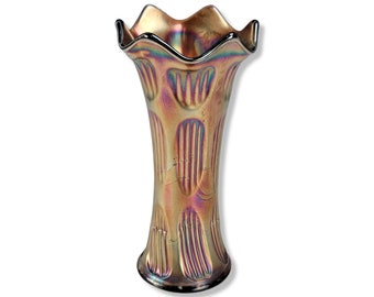 Vintage  Iridescent Glass Vase, Amethyst Vase, Carnival Glass Vase, Diamond & Rib Pattern, Swung Top Vase