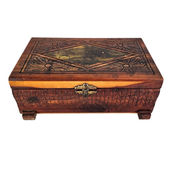Carved Wood Box, Trinket Box, Cedar Wood, Rustic Jewelry Box, Brown Wood Chest
