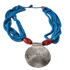 Multi Layered Bead Necklace, Pendant Tribal Necklace, Metal Boho Jewelry, Lucite Blue Silver Necklace 22&quot;L
