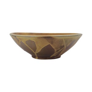 May include: A handcrafted ceramic bowl with a wide, shallow design. The bowl has a brown base with abstract yellow and brown patterns. The rim is a lighter shade of yellow. This decorative bowl is suitable for serving or display.