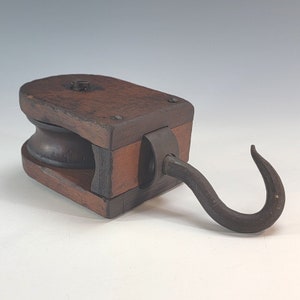 Vintage Block and Tackle Single Pulley Wood and Iron Barn Find 11.5"