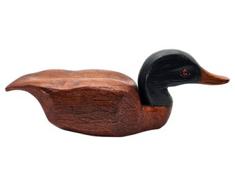 Vintage Hand-Carved Mallard Duck Decoy, Signed Folk Art Sculpture