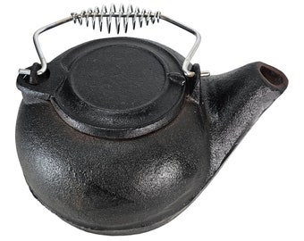 Vintage Black Teapot, Cast Iron Kettle, Metal Teapot, Tea Pot W/ Swivel Lid & Spiral Handle