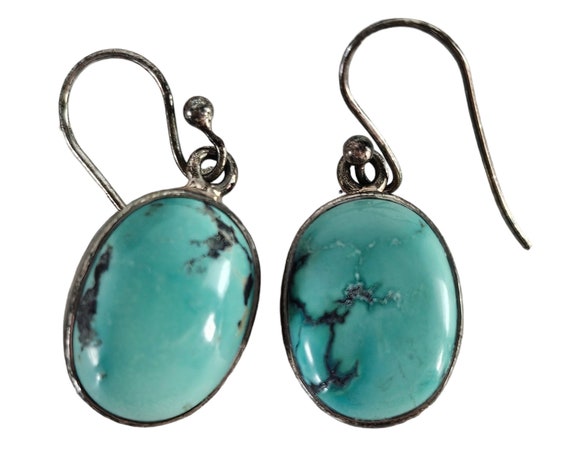 Vintage Turquoise Earrings, Cabochon Sterling Sil… - image 1