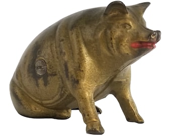 A.C. Williams Cast Iron Penny Bank, Sitting Pig, Piggy Bank, Collectible Coin Bank, Gold Pig Bank
