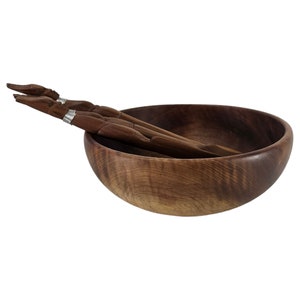 Hand Turned Walnut Bowl, Centerpiece Wood Salad Bowl, Bowl W/ Utensils 11.25&quot; Diameter