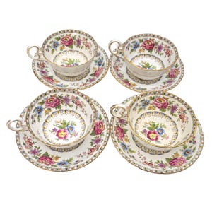 Vintage Malvern Demitasse Cups & Saucers Set Of 4 A.B.J. Crafton China Gilded Floral Bone Porcelain Tea Party Collectible 1930s