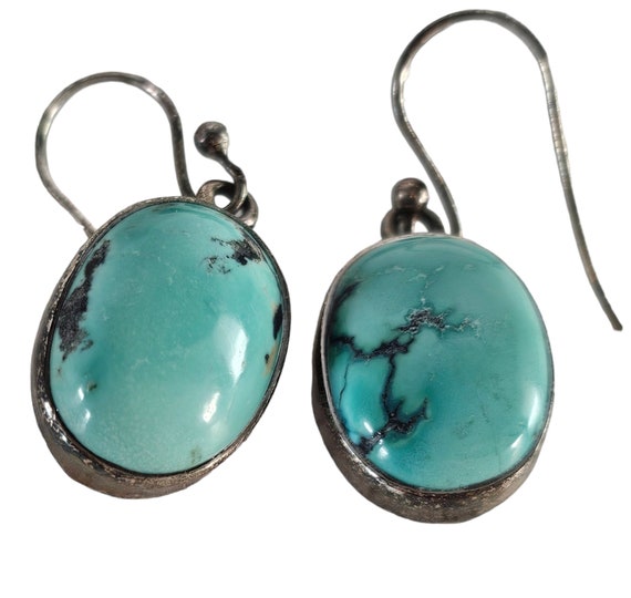 Vintage Turquoise Earrings, Cabochon Sterling Sil… - image 3