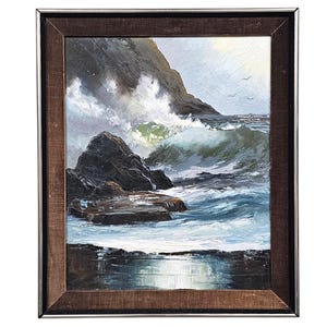 1970s California Seascape Oil Painting Signed Ocean Coastal Cliff Art in Original Velvet Frame