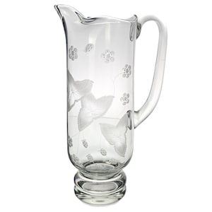 Vintage Etched Crystal Pitcher 12.5” Tall Strawberry Vine Leaves Design Mid-Century Glassware for Table or Décor