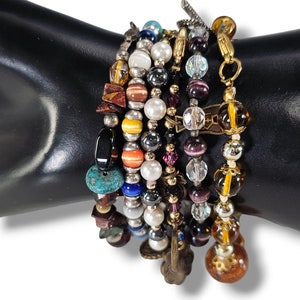 Vintage Boho Beaded Bracelet, Glass Stone Chinese Coins Bracelet, Women Jewelry, Set of 6 Bracelets