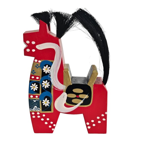 日本製の木馬、八幡馬、日本製 手彫り・彩色済み人形 7.5インチ 1960年