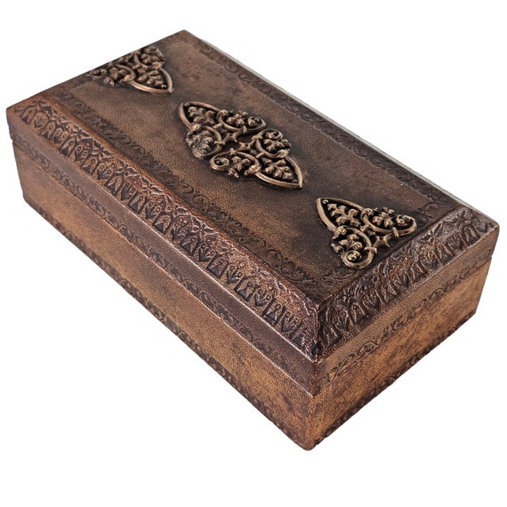 Vintage Tooled Leather Box, Jewelry Box, Wooden T… - image 5