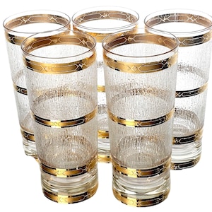 Vintage Culver Highball Glasses: MCM 22K Gold Icicle Barware, Set of 5 5.75"
