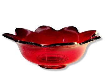 Vintage Fenton Red Amberina Petal Bowl, Glass Serving Dish, Mid Century Bowl 9"D