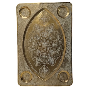 Vintage Indian Etched Brass Tray: Ornate Boho Tabletop Decor (26.5&quot;)