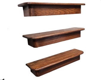 Mid Century Oak Floating Shelves: Coved Corner Wall Mount, Set of 3