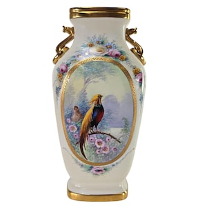 Antique Pickard China Vase: Hand-Painted Pheasant & Roses, Gilded Porcelain Art 10"H