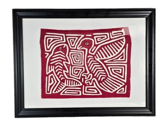 Vintage Bird Mola Art, Cotton Hand Stitch Art, Red White Framed Art