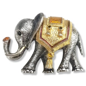 Vintage Silver Gold Tone Elephant Brooch: Topaz Sapphire Rhinestone Pin