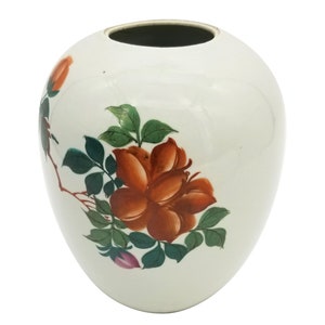 Vintage Asian Hand Painted Floral Vase, Rose Pattern, Ovoid Shape Vase, White Porcelain Decor