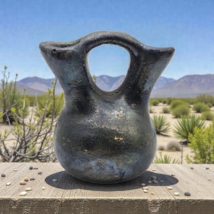 May include: A dark, metallic-glazed ceramic vessel with a distinctive handle and a large central opening. The pottery has a rounded body and a textured surface, with hints of blue and gold. The background features a desert landscape.