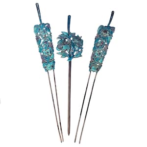 Antique Chinese Hair Pins Set 19th C Enamel Floral Silver Late Qing Dynasty Jewelry Trio