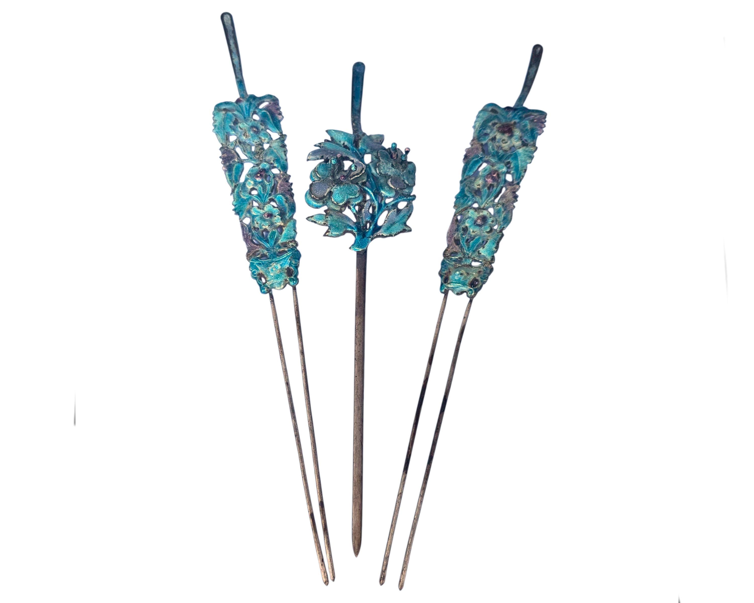 Antique Chinese Silver Enamel Floral Double Hair Pin 10” Wedding Hair Piece Chinese Wedding Hair Accessories - Etsy main image 4