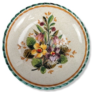 Vintage Italian Pasta Bowl, Hand Painted Bowl, Incised Floral Pattern, Ruffled Edge, Stoneware Bowl