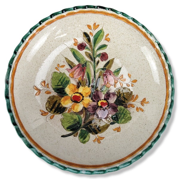 Vintage Italian Pasta Bowl, Hand Painted Bowl, Incised Floral Pattern, Ruffled Edge, Stoneware Bowl
